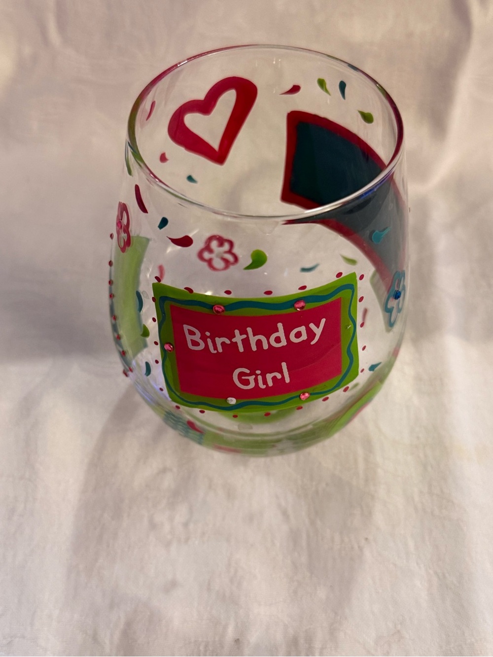 Lolita Birthday Girl Hand-Painted Stemless Wine Glass in Pink, Green and Blue
